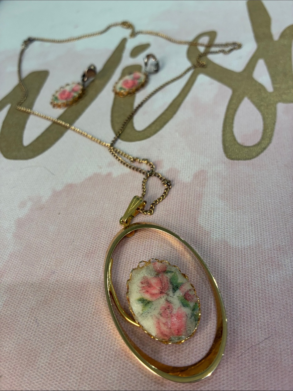 Gold-Tone Floral Oval Pendant Necklace and Earrings - Pink Rose Motif